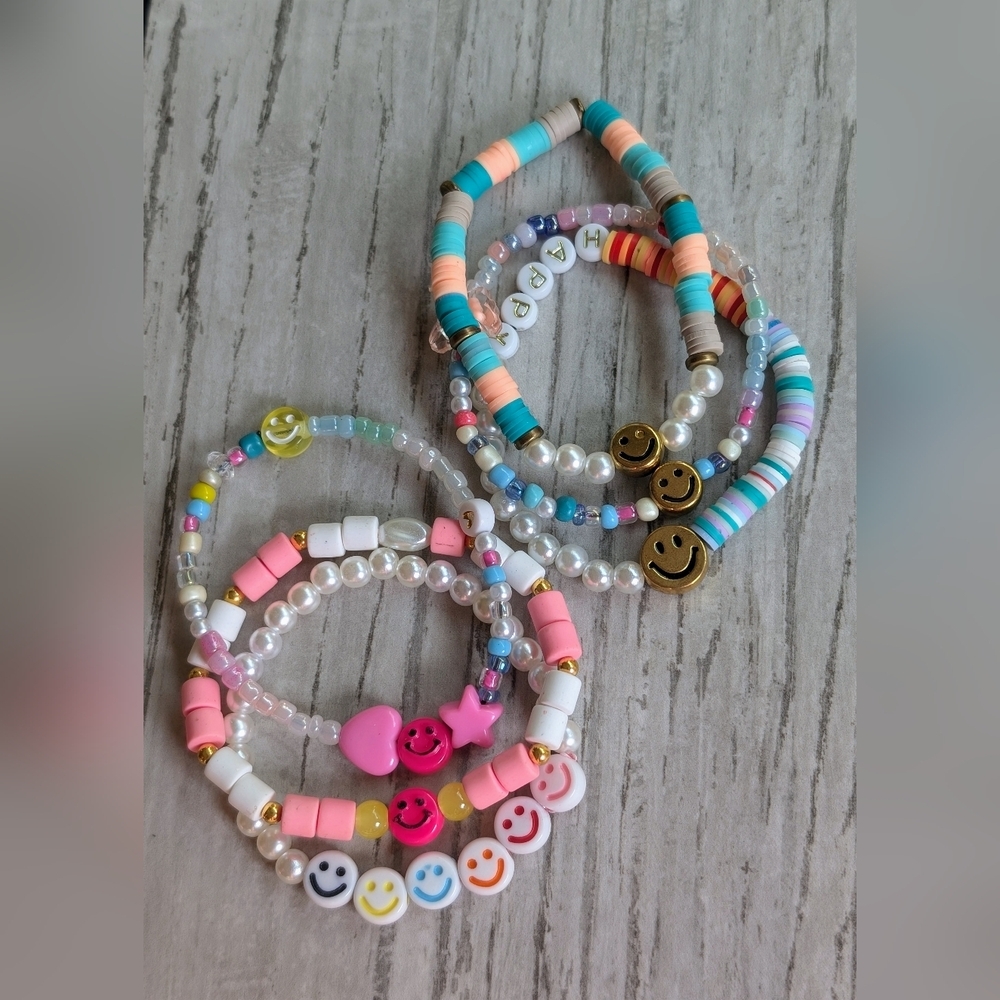 Hand Crafted Pink and Blue Happy Face Beaded Bracelets Set Of 6